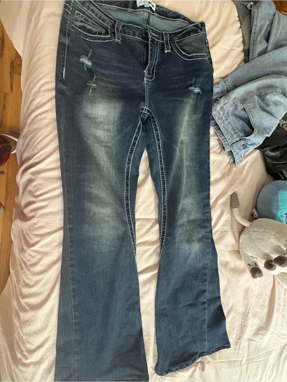 Fashion Nova Dark Blue Distressed Flare Jeans